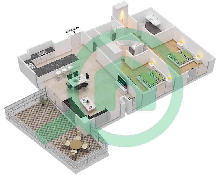 玛雅3号楼 - 2 卧室公寓类型2F.1戶型图 interactive3D