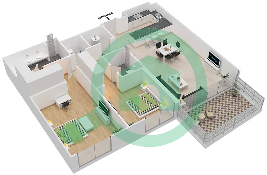 المخططات الطابقية لتصميم النموذج 2I شقة 2 غرفة نوم - مايان 3 interactive3D