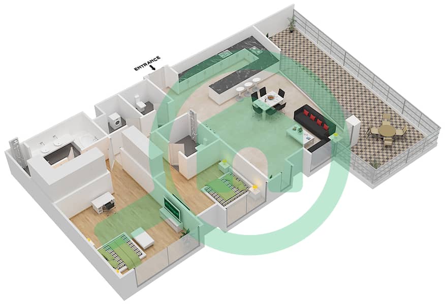 玛雅3号楼 - 2 卧室公寓类型2L.1戶型图 interactive3D