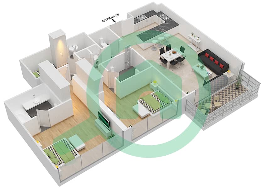 玛雅3号楼 - 2 卧室公寓类型2J戶型图 interactive3D