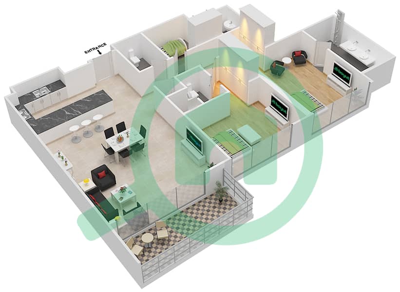 玛雅3号楼 - 2 卧室公寓类型2K戶型图 interactive3D