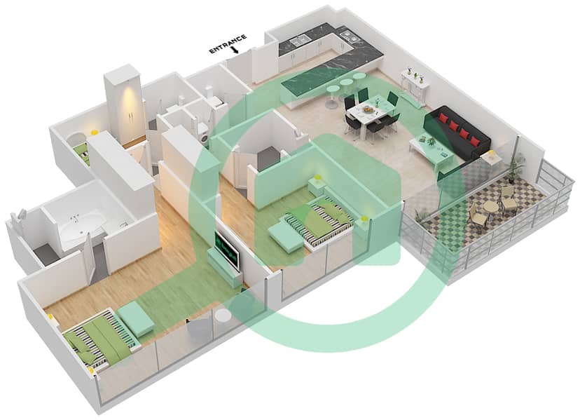 玛雅3号楼 - 2 卧室公寓类型2K.1戶型图 interactive3D