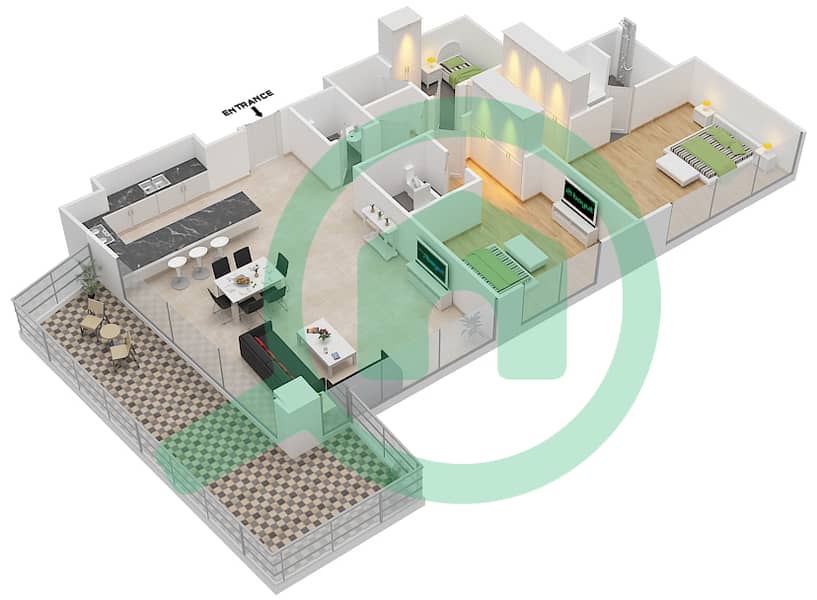 玛雅3号楼 - 2 卧室公寓类型2K.2戶型图 interactive3D
