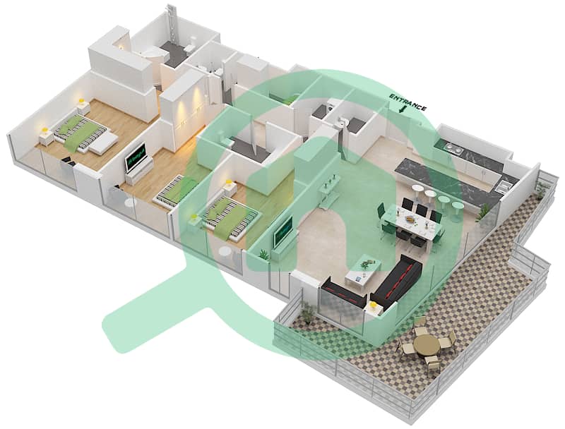 玛雅3号楼 - 3 卧室公寓类型3B戶型图 interactive3D