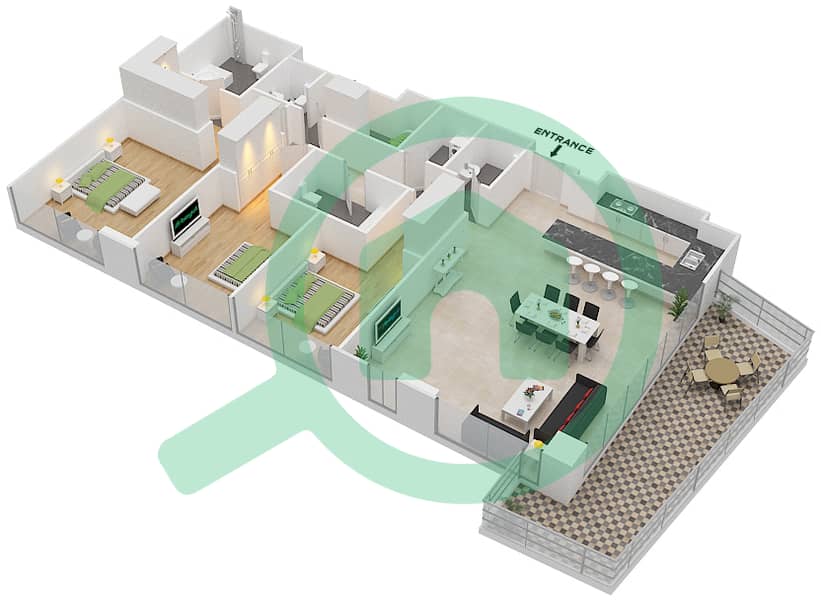 المخططات الطابقية لتصميم النموذج 3D شقة 3 غرف نوم - مايان 3 interactive3D