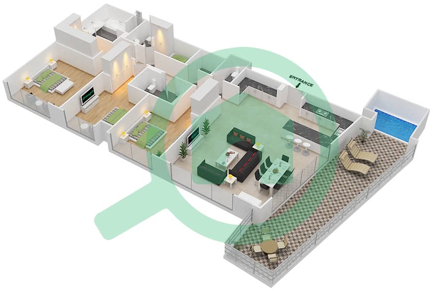 玛雅3号楼 - 3 卧室公寓类型2F戶型图 interactive3D