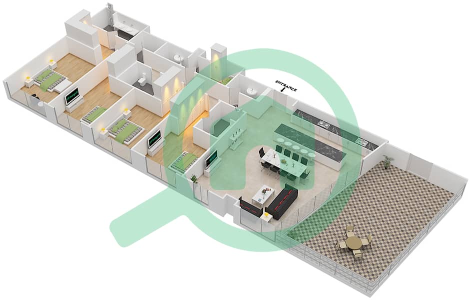 المخططات الطابقية لتصميم النموذج 4D شقة 4 غرف نوم - مايان 3 interactive3D