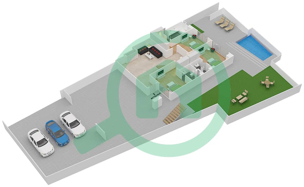 المخططات الطابقية لتصميم النموذج B1 شقة 3 غرف نوم - مايان 3 Lower Floor interactive3D