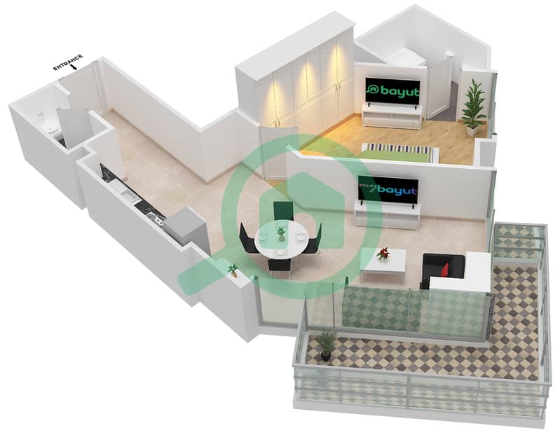 المخططات الطابقية لتصميم النموذج / الوحدة 8\2B شقة 1 غرفة نوم - برج بلفيو 2 Floor 2-20 interactive3D