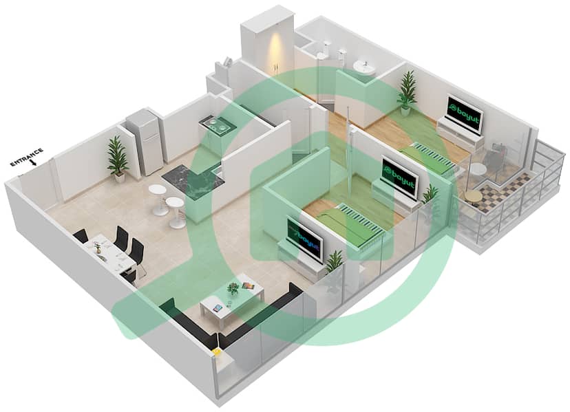 地平线大厦A座 - 2 卧室公寓类型／单位B17-3戶型图 interactive3D