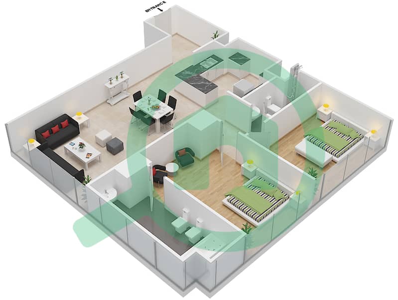 地平线大厦A座 - 2 卧室公寓类型／单位B5-5戶型图 interactive3D