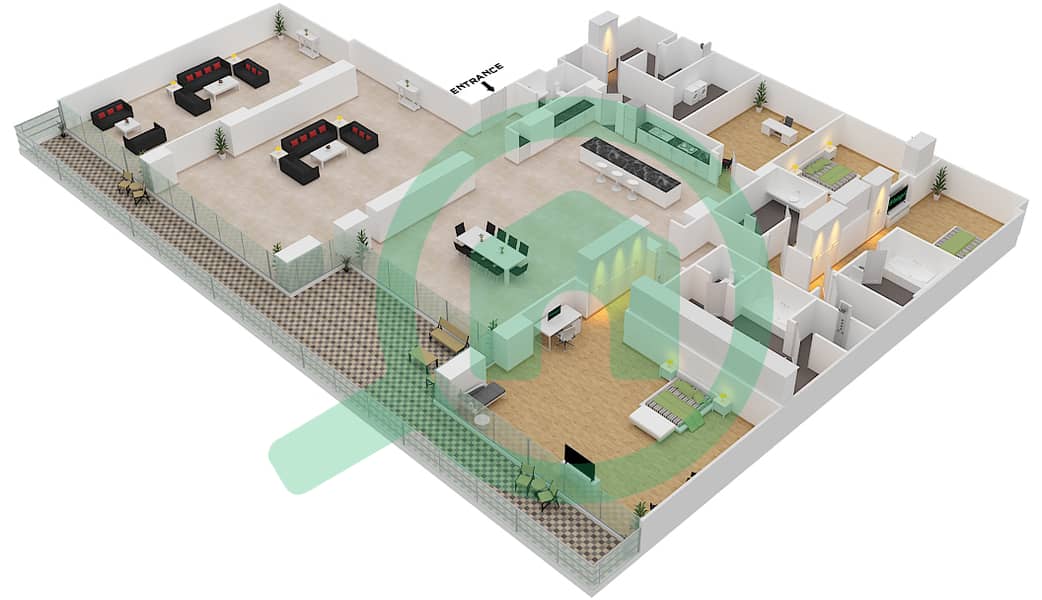 المخططات الطابقية لتصميم الوحدة 5-102 FLOOR 1 شقة 3 غرف نوم - قصر 5 Floor 1 interactive3D