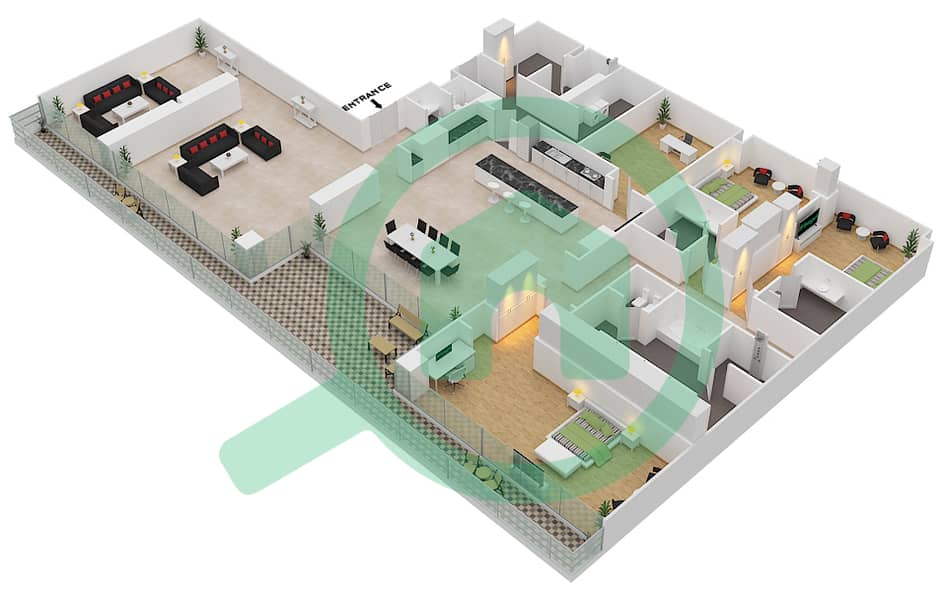 المخططات الطابقية لتصميم الوحدة 5-702 FLOOR 7 شقة 3 غرف نوم - قصر 5 Floor 7 interactive3D