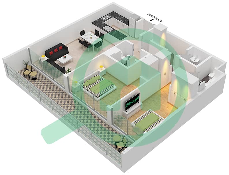Yas Beach Residences - 2 Bedroom Apartment Type C Floor plan interactive3D