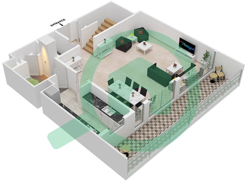 المخططات الطابقية لتصميم النموذج D شقة 2 غرفة نوم - ياس بيتش ريزيدنس Lower Floor interactive3D