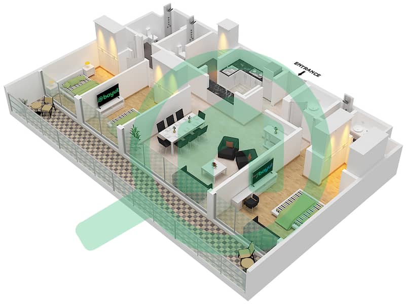 المخططات الطابقية لتصميم النموذج 1 شقة 3 غرف نوم - ياس بيتش ريزيدنس interactive3D