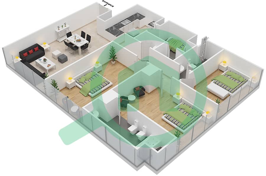 地平线大厦B座 - 3 卧室公寓类型／单位C2-4戶型图 interactive3D