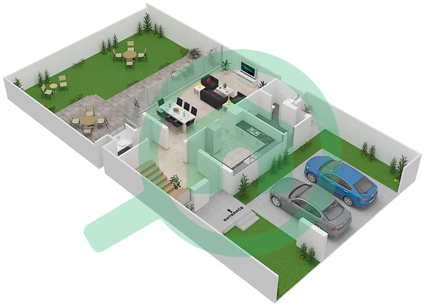 المخططات الطابقية لتصميم النموذج TH-M1 تاون هاوس 3 غرف نوم - ريتشموند Ground Floor interactive3D