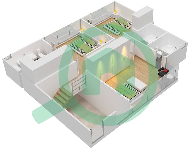 المخططات الطابقية لتصميم النموذج TH-M1 تاون هاوس 3 غرف نوم - ريتشموند First Floor interactive3D