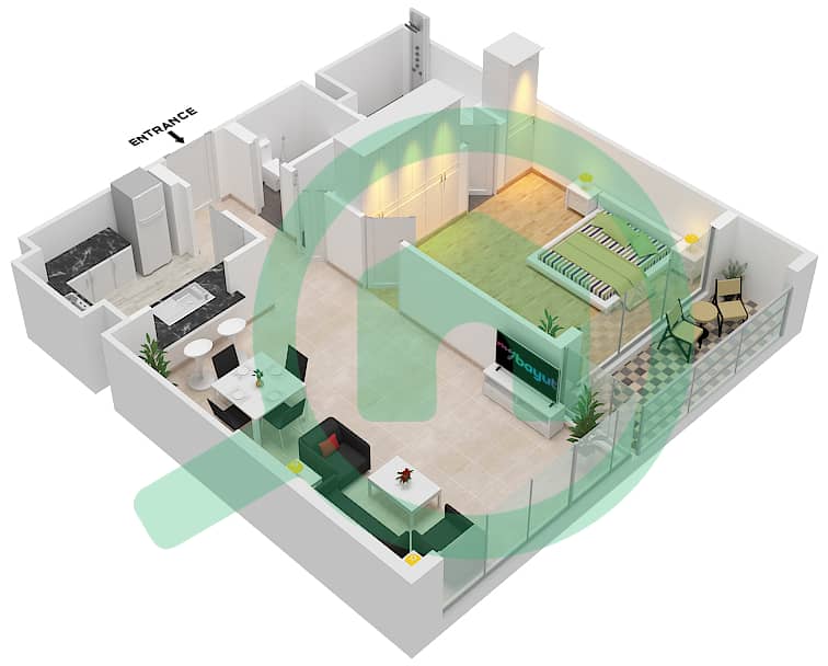 المخططات الطابقية لتصميم النموذج / الوحدة 01/07 شقة 1 غرفة نوم - برج بلفيو 1 Floor 2-21 interactive3D