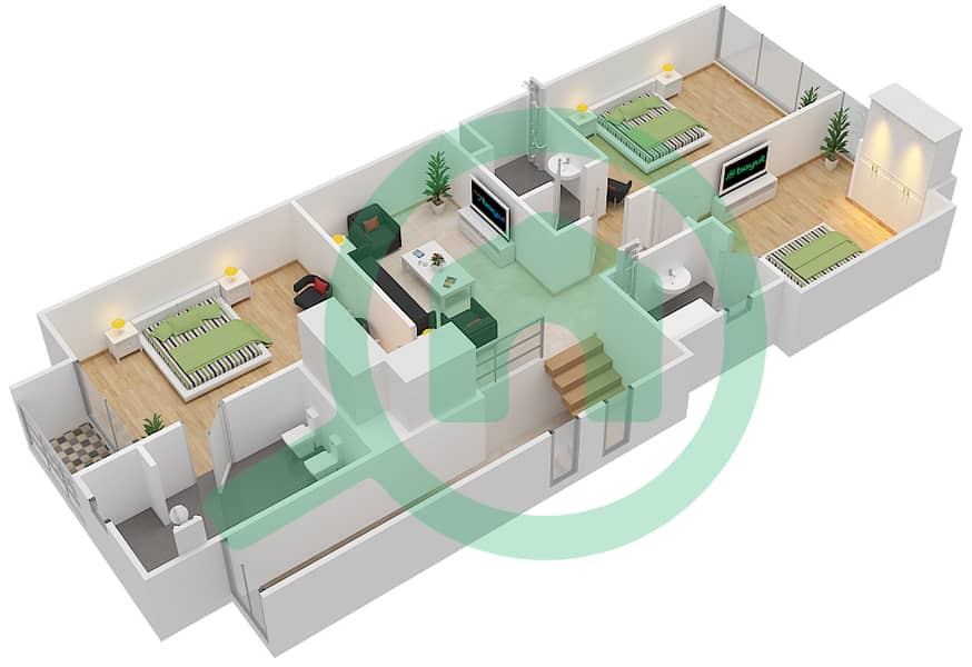 المخططات الطابقية لتصميم النموذج TH-K تاون هاوس 3 غرف نوم - بروكفيلد First Floor interactive3D