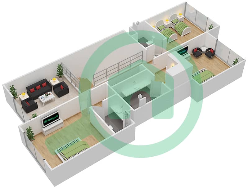 المخططات الطابقية لتصميم النموذج TH-L تاون هاوس 3 غرف نوم - بروكفيلد First Floor interactive3D