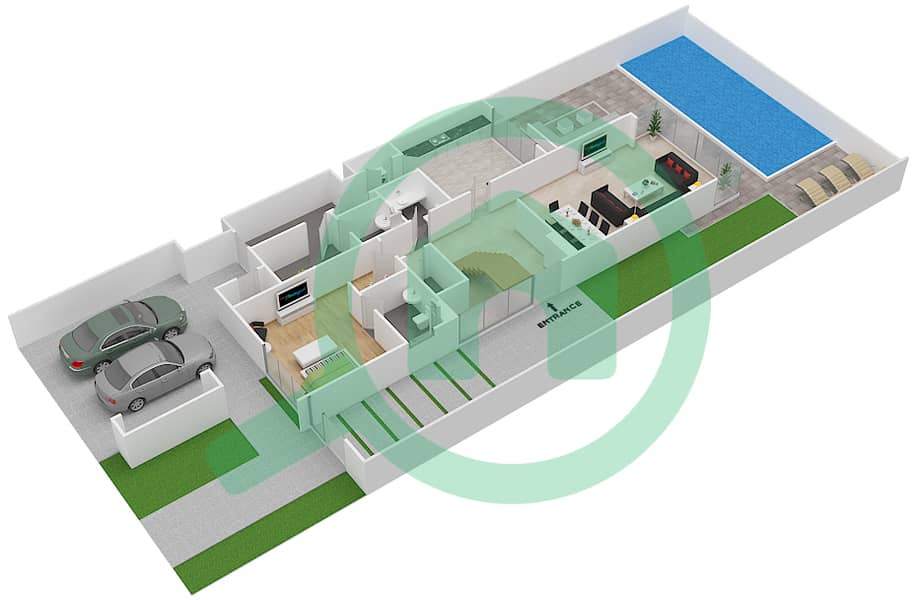 المخططات الطابقية لتصميم النموذج TH-D تاون هاوس 5 غرف نوم - بروكفيلد Ground Floor interactive3D