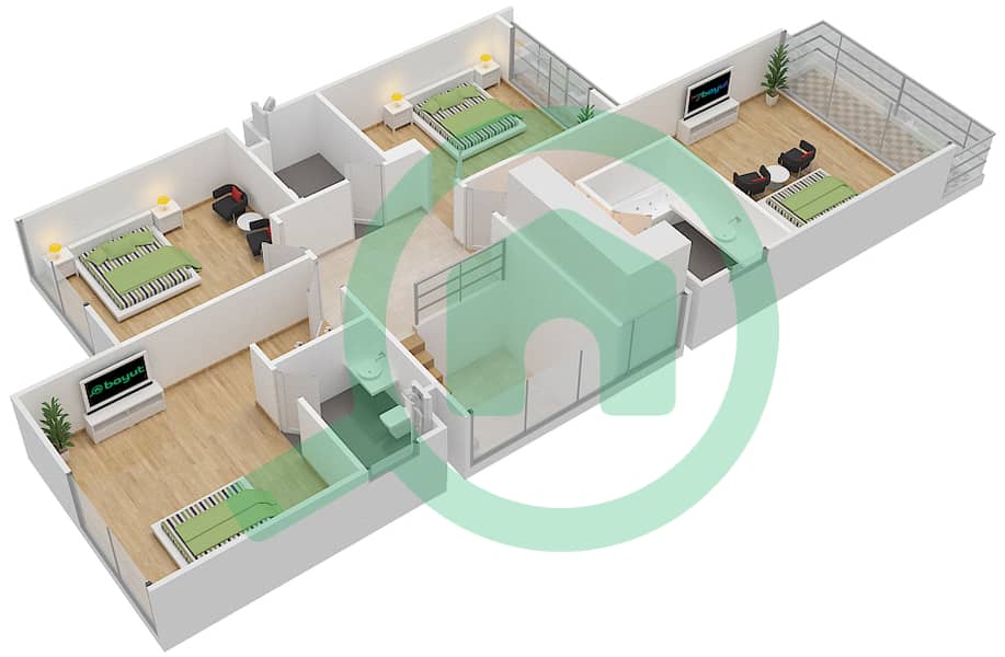 المخططات الطابقية لتصميم النموذج TH-D تاون هاوس 5 غرف نوم - بروكفيلد First Floor interactive3D