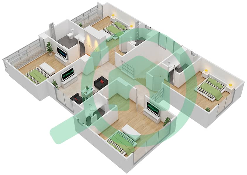 المخططات الطابقية لتصميم النموذج V-3 فیلا 5 غرف نوم - بروكفيلد First Floor interactive3D