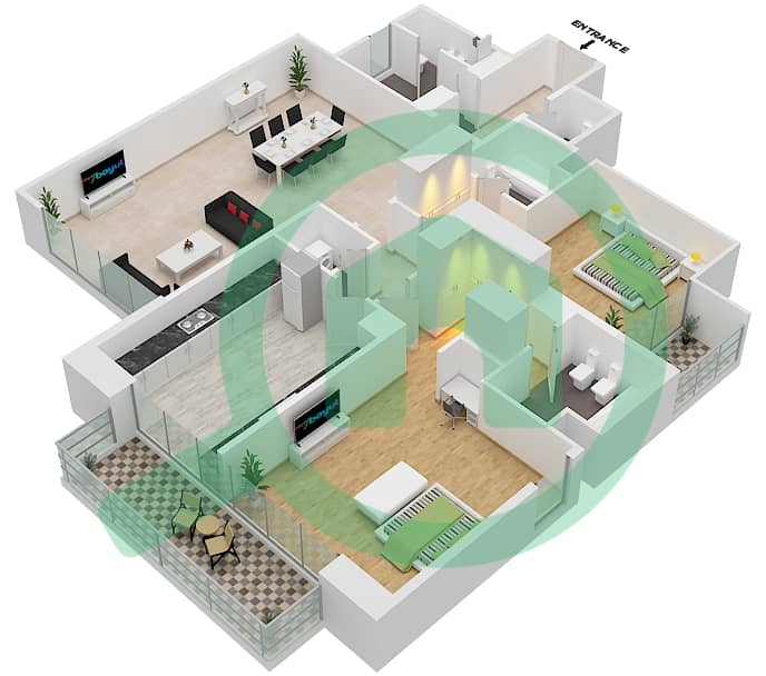 المخططات الطابقية لتصميم النموذج A سكني 2 غرفة نوم - برج السيف 3 interactive3D