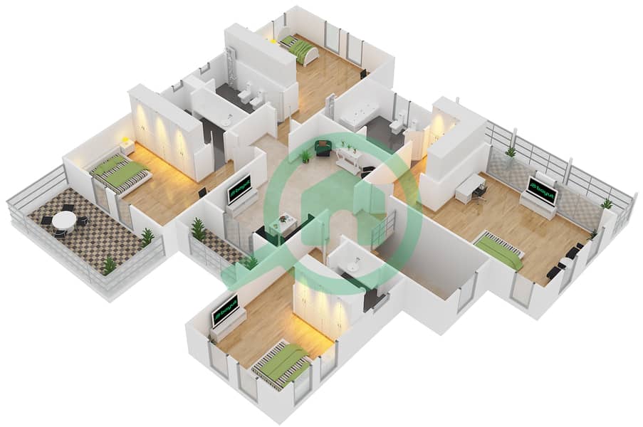 المخططات الطابقية لتصميم النموذج C فیلا 5 غرف نوم - راحات First Floor interactive3D