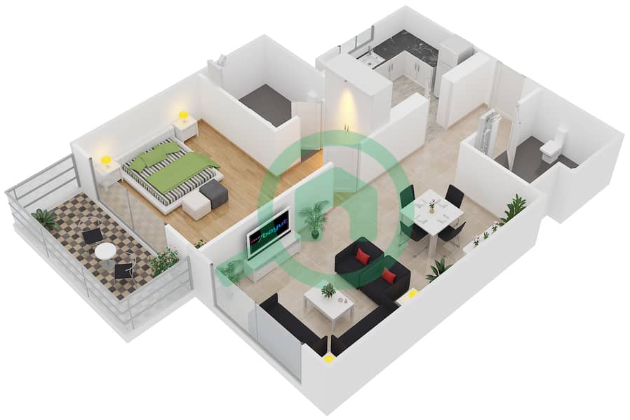 المخططات الطابقية لتصميم النموذج C شقة 1 غرفة نوم - برايم فيوز Units 117,139,217,239,317,339 interactive3D
