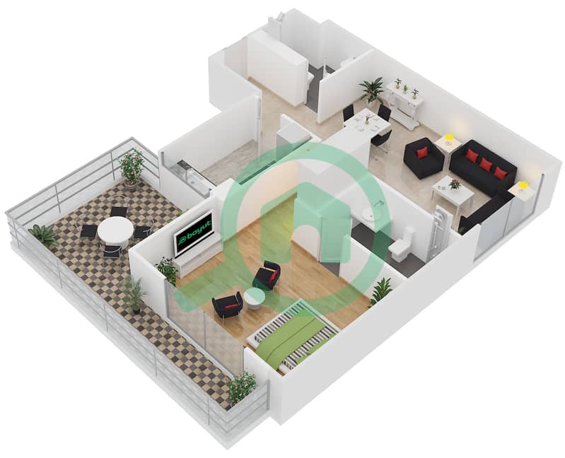 المخططات الطابقية لتصميم النموذج D شقة 1 غرفة نوم - برايم فيوز Units 124,224,324 interactive3D
