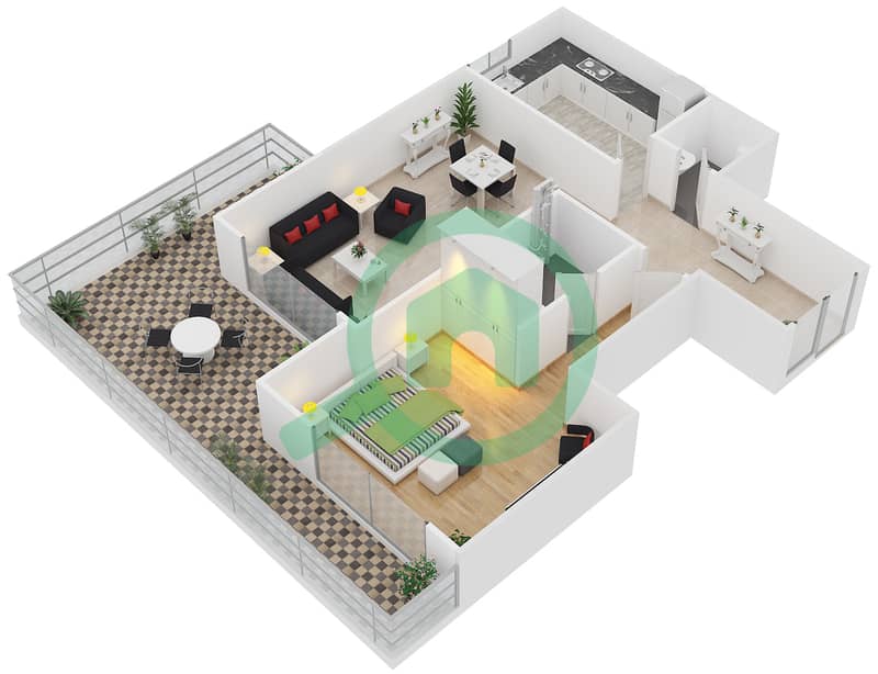 المخططات الطابقية لتصميم النموذج F شقة 1 غرفة نوم - برايم فيوز Units 132,232,332 interactive3D