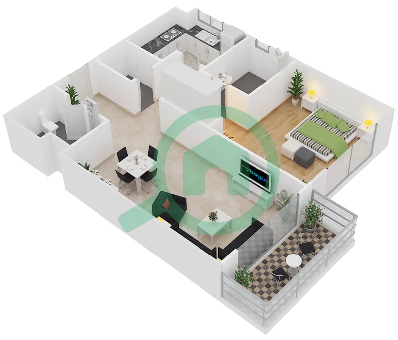 المخططات الطابقية لتصميم النموذج G شقة 1 غرفة نوم - برايم فيوز units 316,340 interactive3D