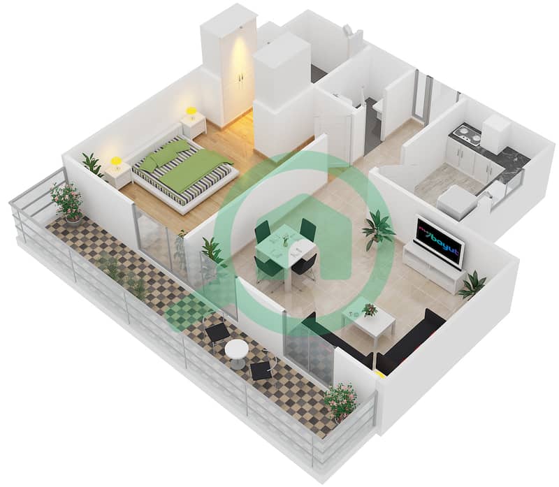 Прайм Вьюс - Апартамент 1 Спальня планировка Тип J Units 418,429 interactive3D