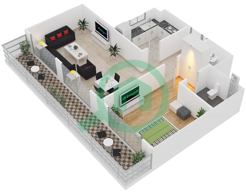 美景公寓 - 1 卧室公寓类型K戶型图 Unit 423 interactive3D