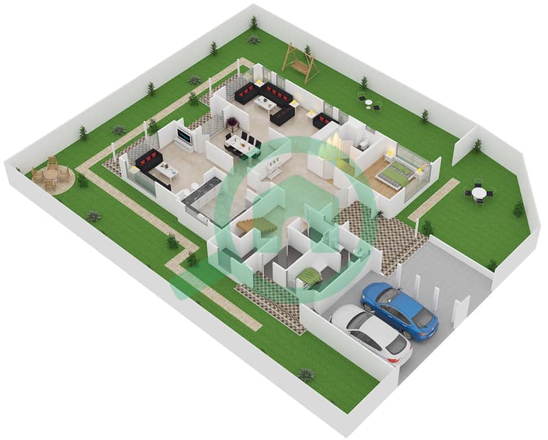 المخططات الطابقية لتصميم النموذج E فیلا 5 غرف نوم - راحات Ground Floor interactive3D