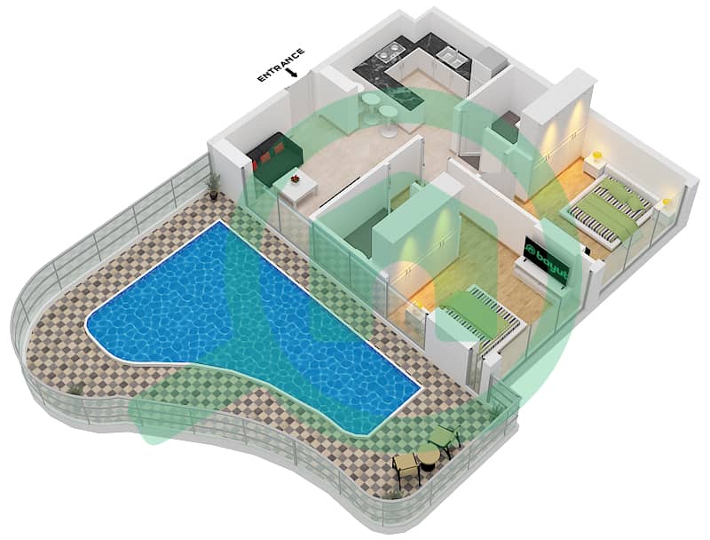 萨马纳高尔夫大道 - 2 卧室公寓类型A戶型图 interactive3D