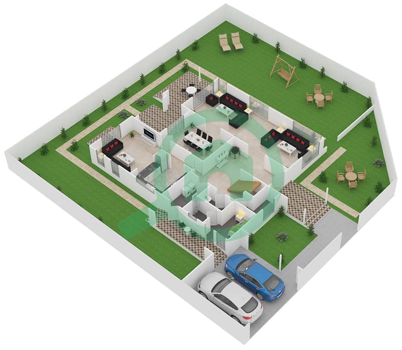 المخططات الطابقية لتصميم النموذج D فیلا 4 غرف نوم - راحات Ground Floor interactive3D