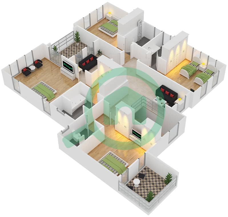 المخططات الطابقية لتصميم النموذج D فیلا 4 غرف نوم - راحات First Floor interactive3D