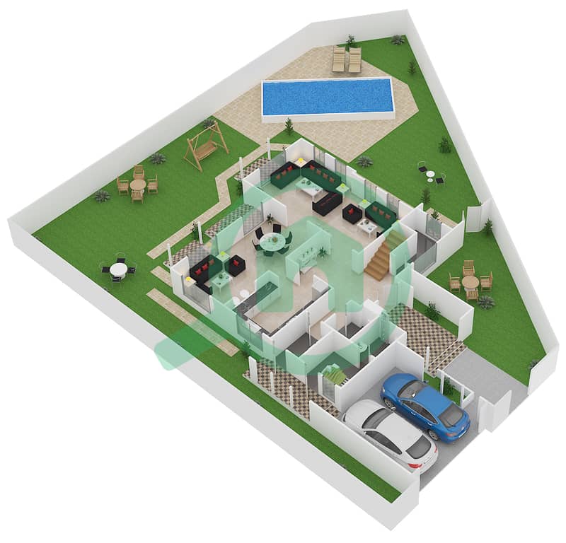 المخططات الطابقية لتصميم النموذج B فیلا 3 غرف نوم - راحات Ground Floor interactive3D