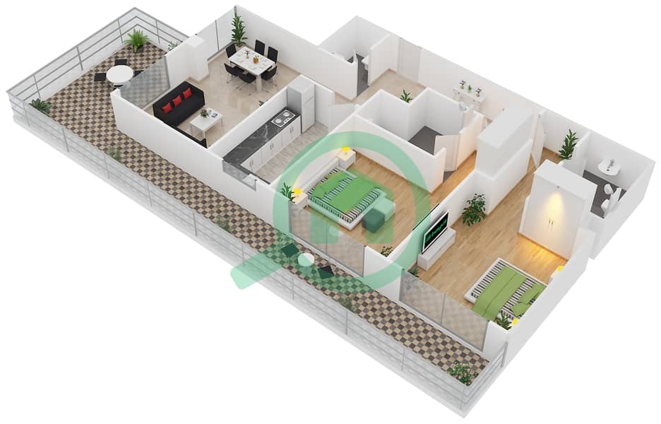 美景公寓 - 2 卧室公寓类型E戶型图 Unit 421 interactive3D