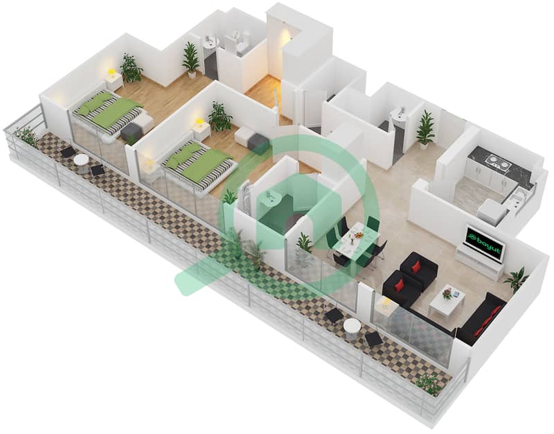 美景公寓 - 2 卧室公寓类型D戶型图 Unit 419,420,427,428 interactive3D