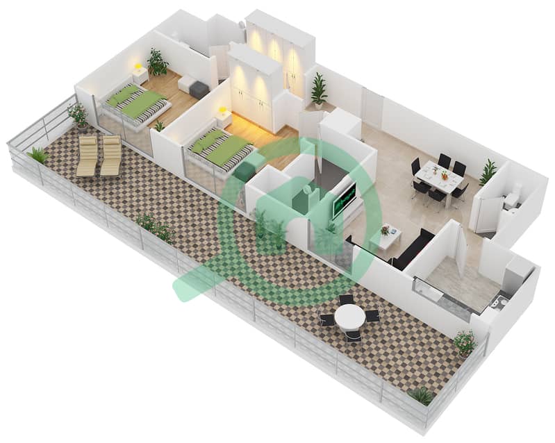 美景公寓 - 2 卧室公寓类型C戶型图 Unit 416 interactive3D