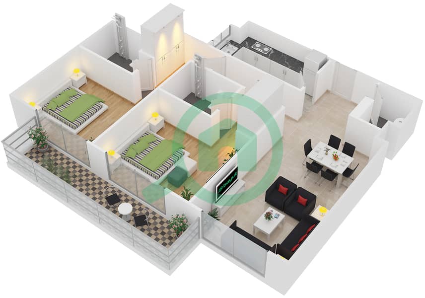 美景公寓 - 2 卧室公寓类型A戶型图 Units 116,140,216,240 interactive3D