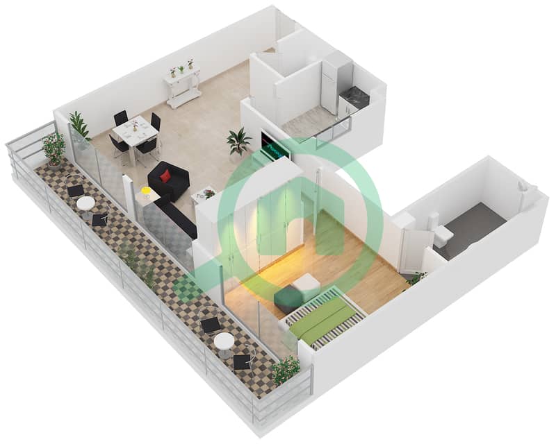 المخططات الطابقية لتصميم النموذج L شقة 1 غرفة نوم - برايم فيوز Unit 424 interactive3D