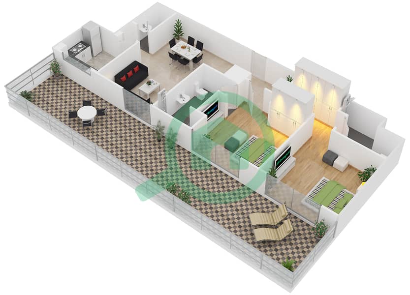 المخططات الطابقية لتصميم النموذج G شقة 2 غرفة نوم - برايم فيوز Unit 431 interactive3D