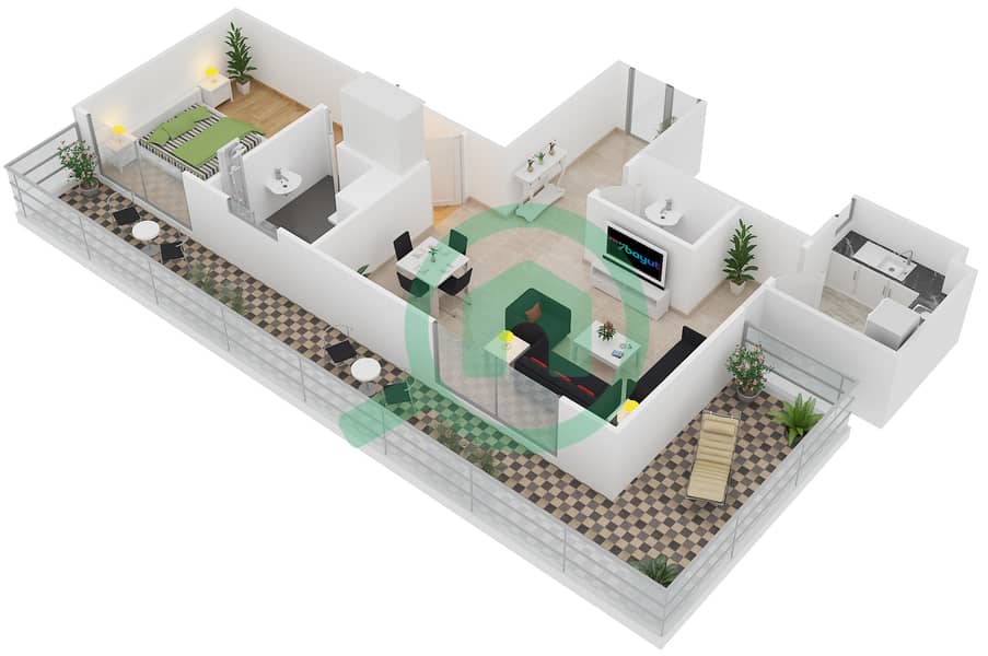 المخططات الطابقية لتصميم النموذج N شقة 1 غرفة نوم - برايم فيوز unit 426 interactive3D