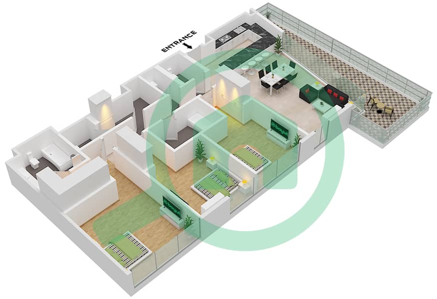 المخططات الطابقية لتصميم النموذج 702 شقة 3 غرف نوم - مايان 4 Floor 7 interactive3D